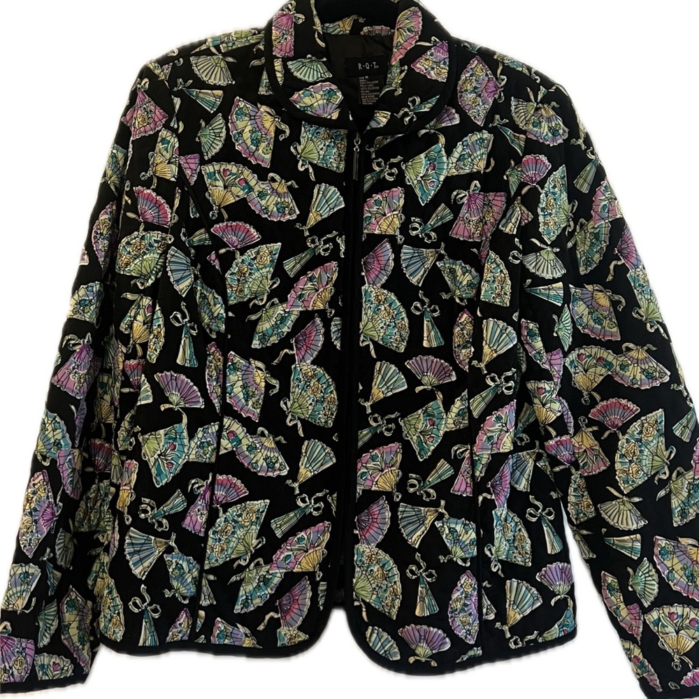 Vintage R.Q.T Elegant Black Japanese Fan Patterned Women's Quilted Jacket Size M